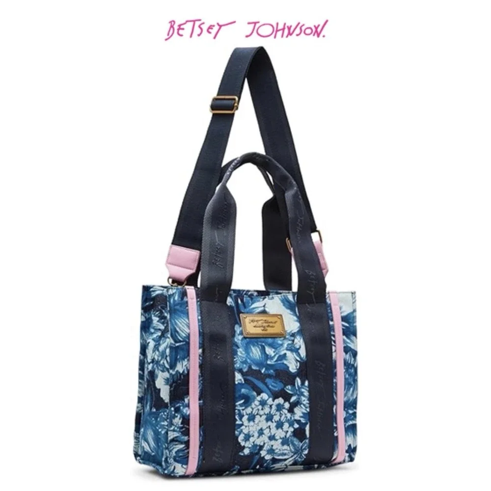 Betsey Johnson Denim Bag Tote Blue Floral Embroidered Handbag Satchel Crossbody